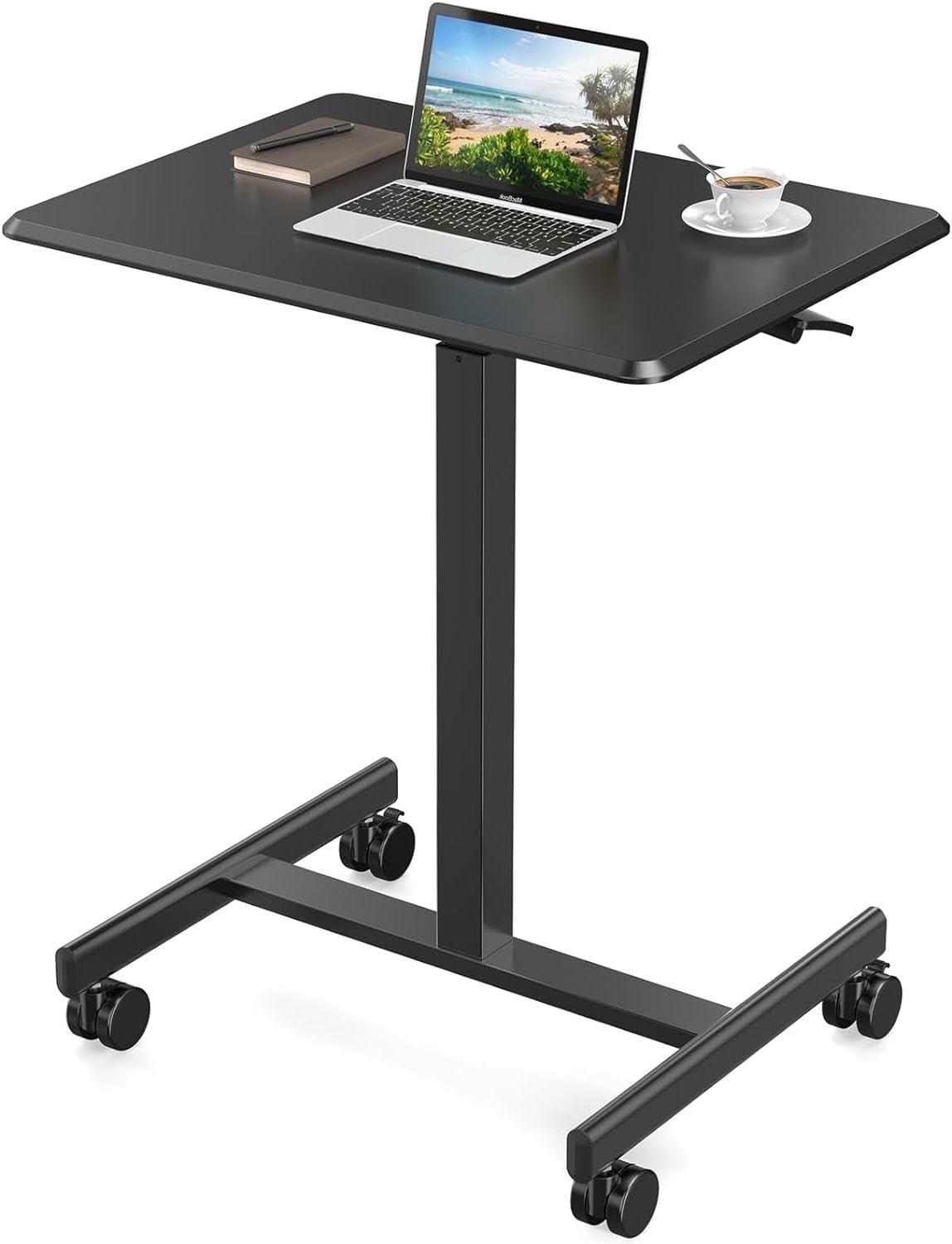 Sweetcrispy Small Mobile Rolling Standing Desk - Overbed Table, Teacher Podium with Wheels, Adjustable Work Table, Rolling Desk Laptop Computer Cart for Home, Office, Classroom, Black