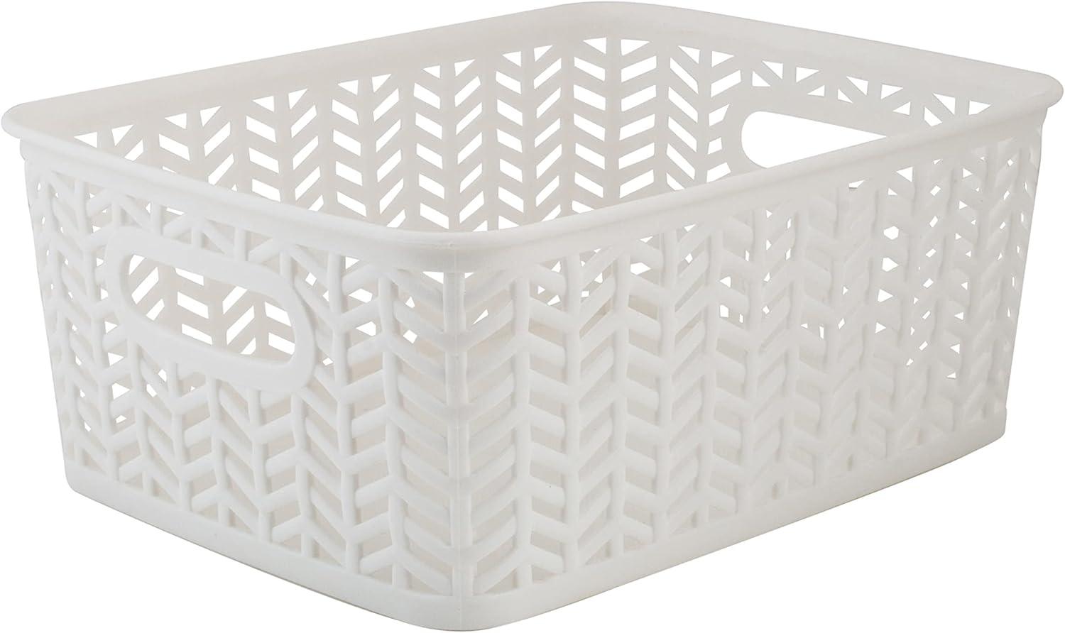 Simplify 3 Pack Small Herringbone Plastic Storage Basket with Handles in White