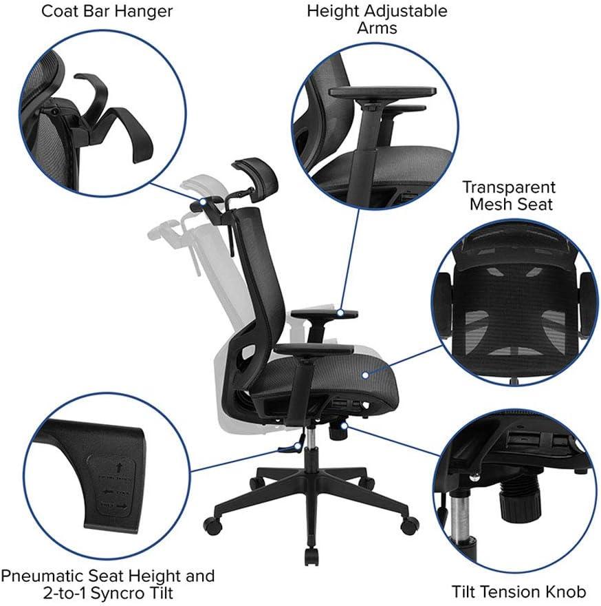 Flash Furniture Ergonomic Mesh Office Chair with Synchro-Tilt, Pivot Adjustable Headrest, Lumbar Support, Coat Hanger and Adjustable Arms