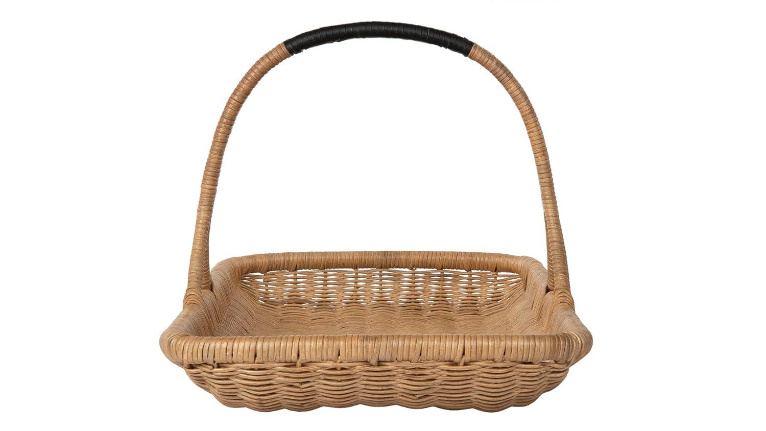 Kouboo Vegetable And Flower Wicker Basket With Leather Wrapped Arch Handle, Rattan Fruit Basket For Table, Wicker Flower Basket For Storage, Natural Color