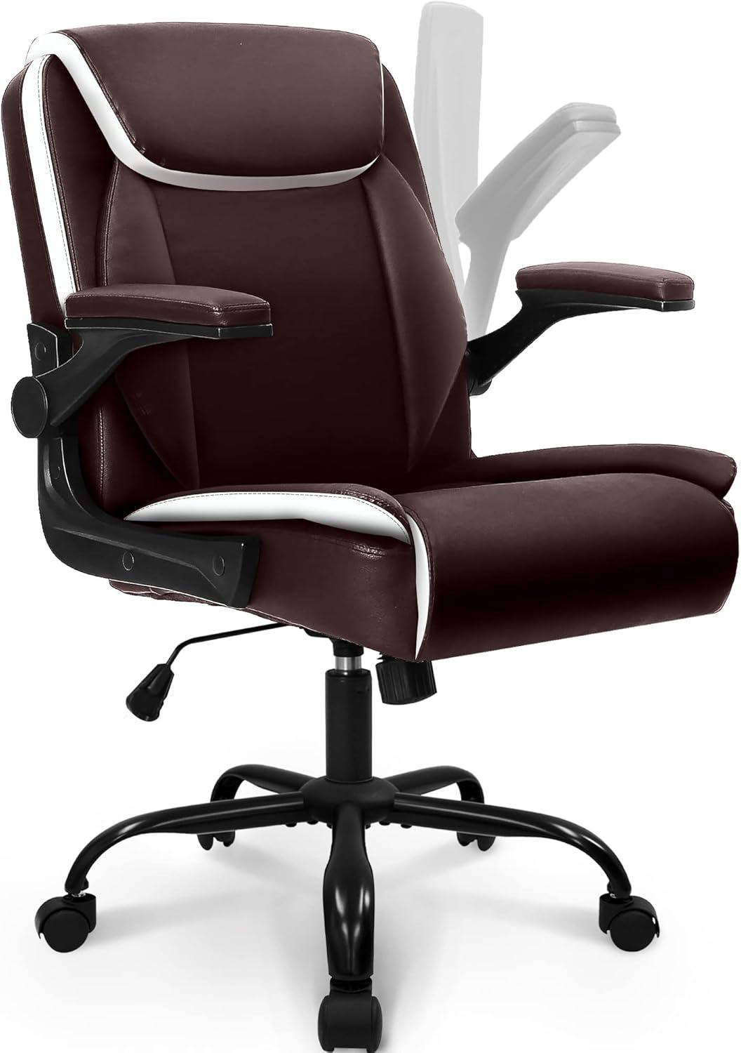 Neo Chair Mid Back Ergonomic Executive PU Leather Chair with Padded Flip-up Arms, Brown