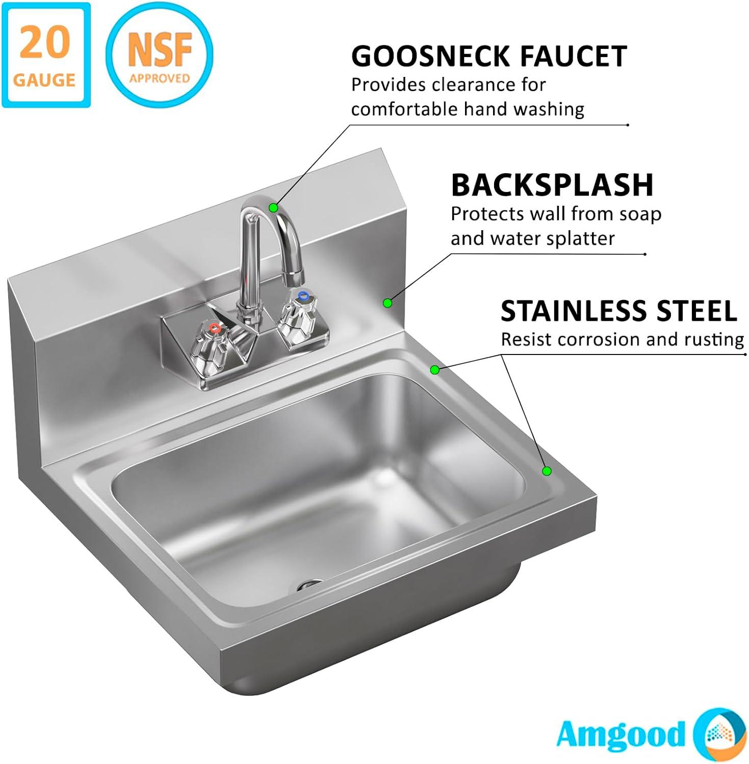 17in. x 15in. Stainless Steel Hand Sink. Commercial Wall Mount Hand Basin. NSF Certified.