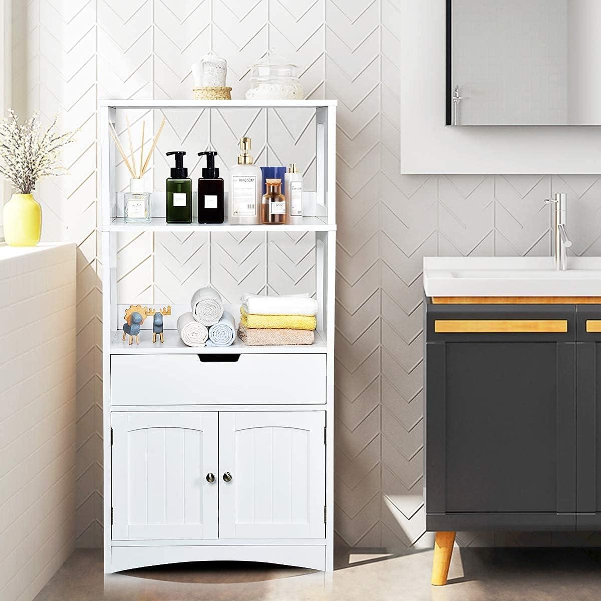 White MDF Floor Cabinet with Shelves and Drawer