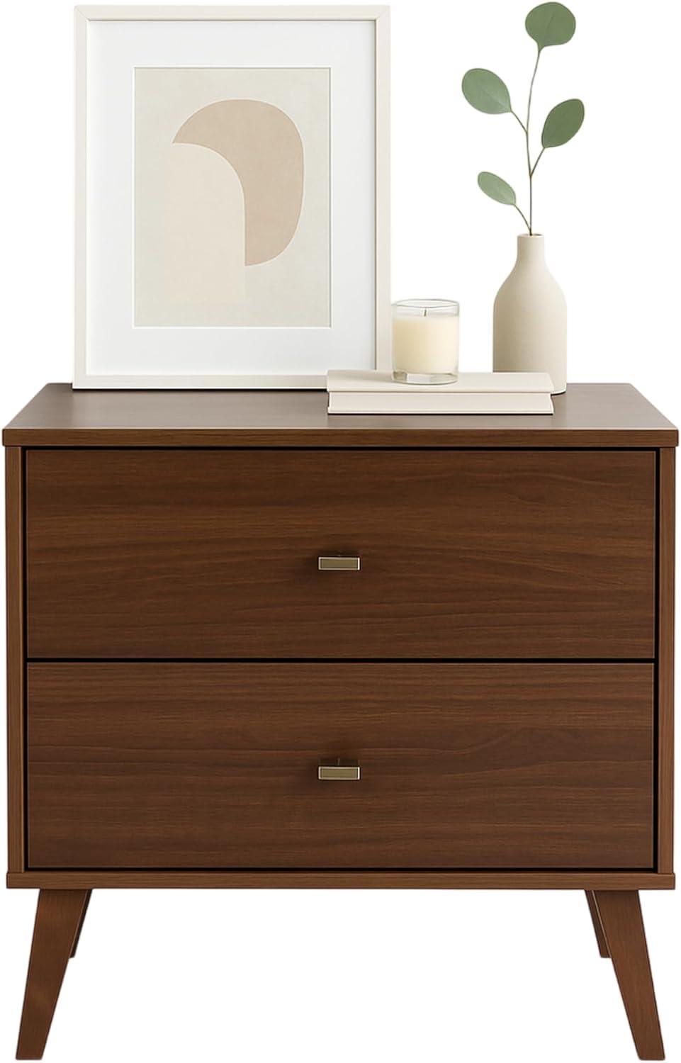 Milo Mid Century Modern 2 Drawer Nightstand Cherry - Prepac: Brushed Brass Knobs, Tapered Legs