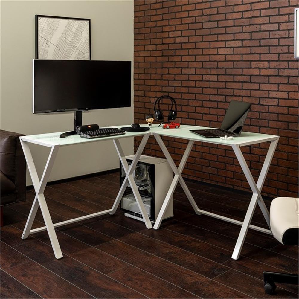 Walker Edison 51" L-Shaped Computer Desk with X-Base in White