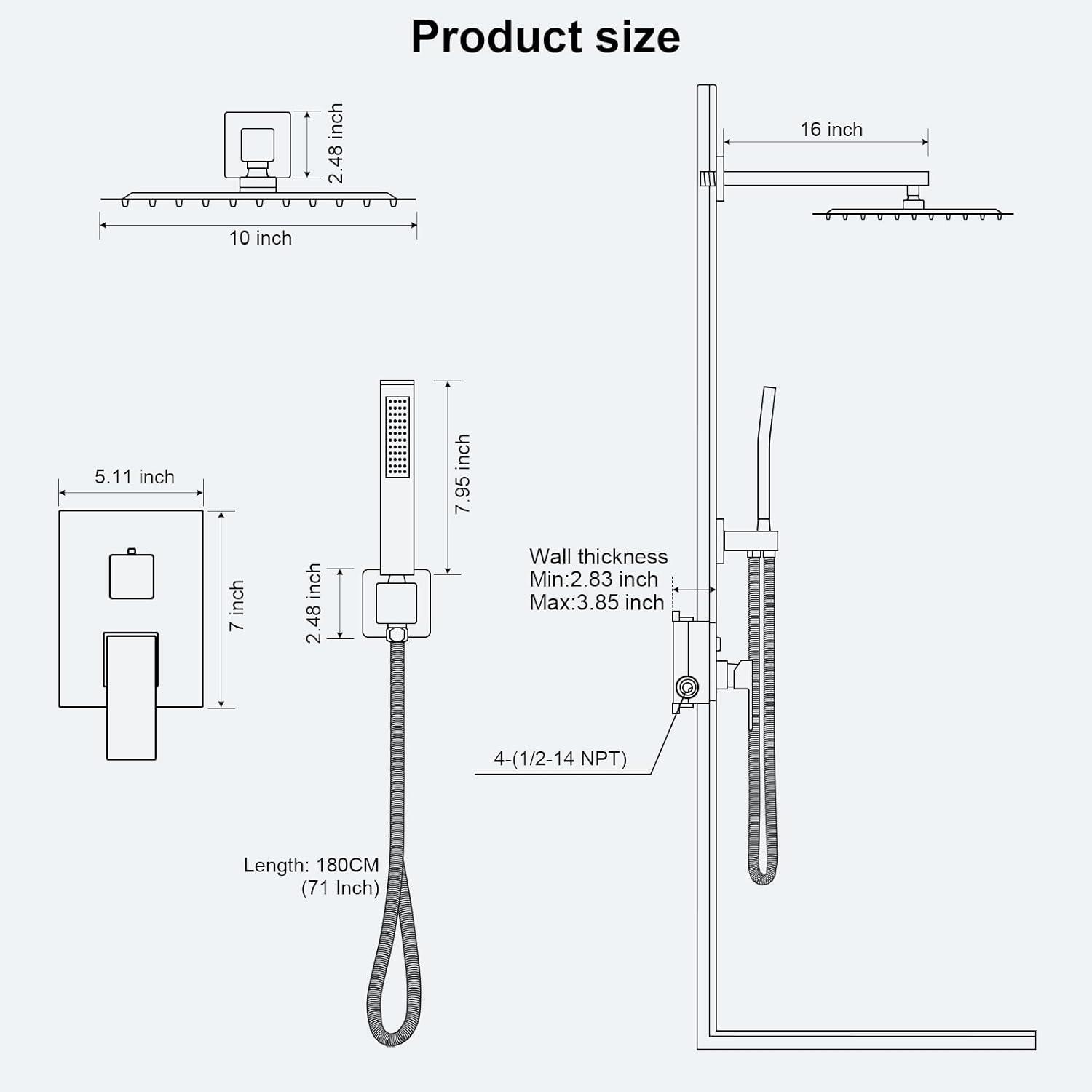 Black Shower Faucet Set, Rainfall Shower System with Square Shower Head and Handle Set, Wall Mounted Shower Fixtures, Full Metal Trim Repair Kit 10 inch Matte Black (With Shower Valve)