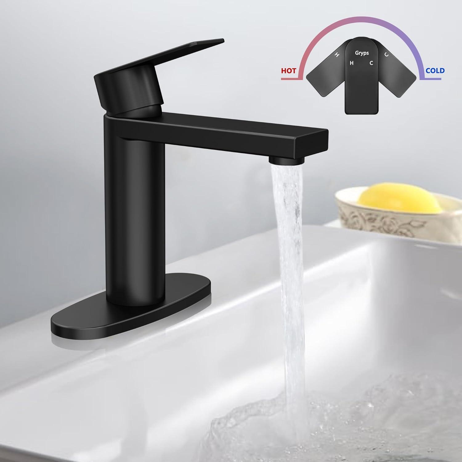 Black Bathroom Faucet Single Hole Bathroom Sink Faucet, Matte Black Single Handle Vanity Basin Faucets with Supply Deck Plate, Modern Farmhouse RV Faucet 1 or 3 Holes
