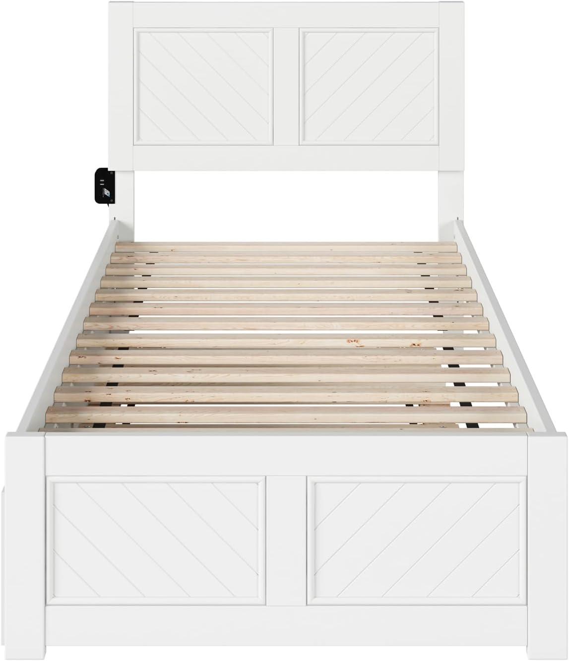 White Twin XL Wood Platform Bed with Trundle and Headboard