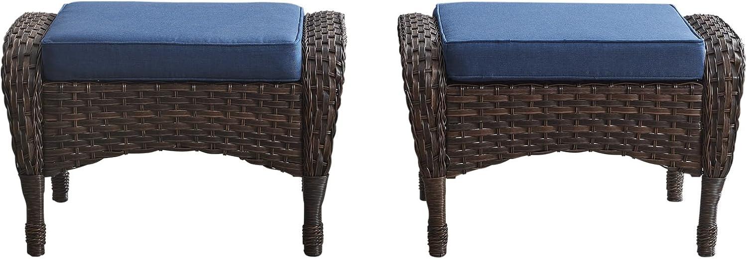 Flat Armrest Series Brown Wicker Outdoor Patio Ottoman with CushionGuard Blue Cushions (2-Pack)