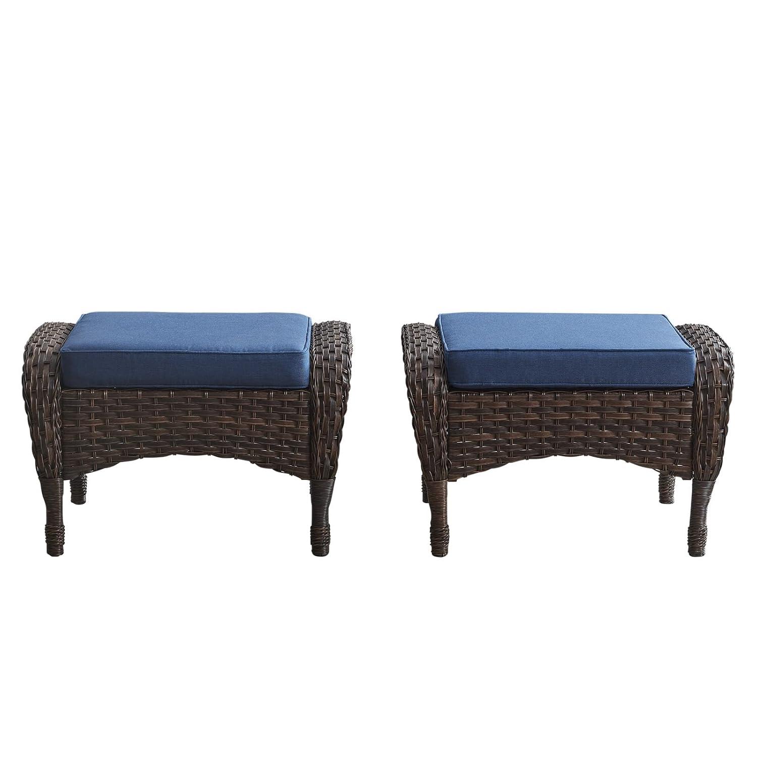 Flat Armrest Series Brown Wicker Outdoor Patio Ottoman with CushionGuard Blue Cushions (2-Pack)