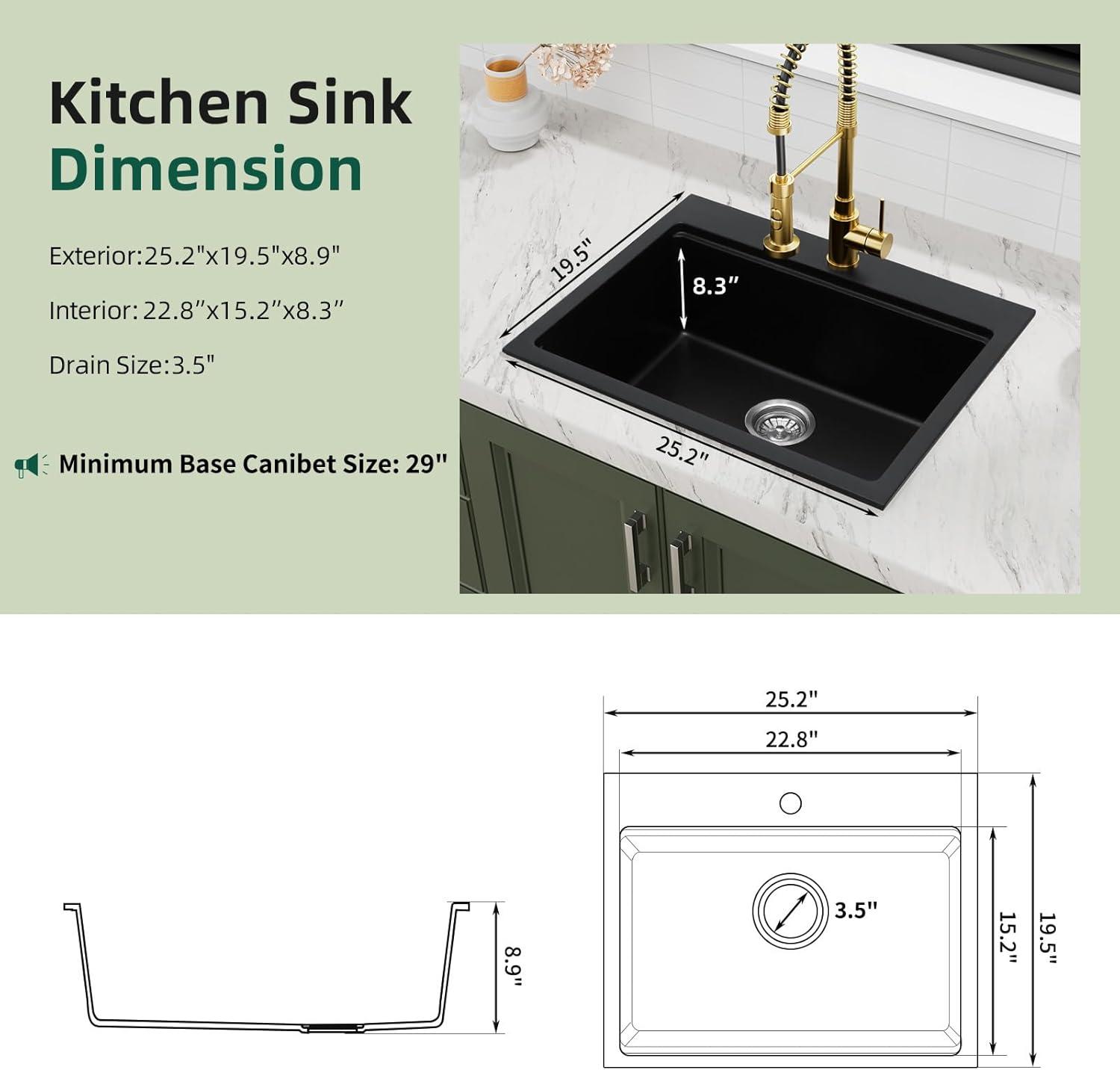 Davivy 33 Inch Black Granite Composite Kitchen Sink Workstation, 33 X 22 Quartz Composite Dual Mount Sink, Matte Black Composite Single Bowl Sink