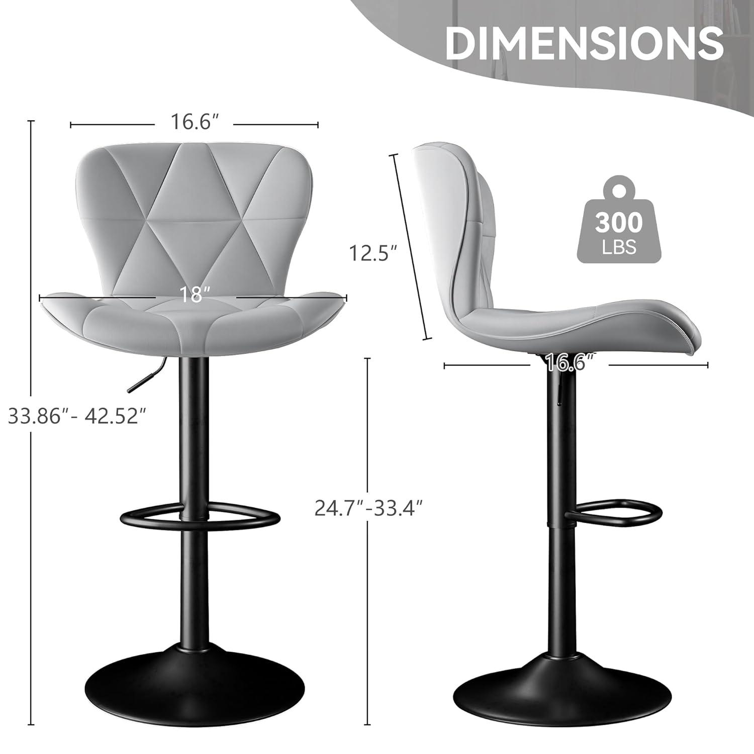 Modern Bar Stool Set of 2, Adjustable Faux Leather Upholstered Swivel Counter Stools, Counter Height Barstools with Back for Kitchen Island, Light Grey