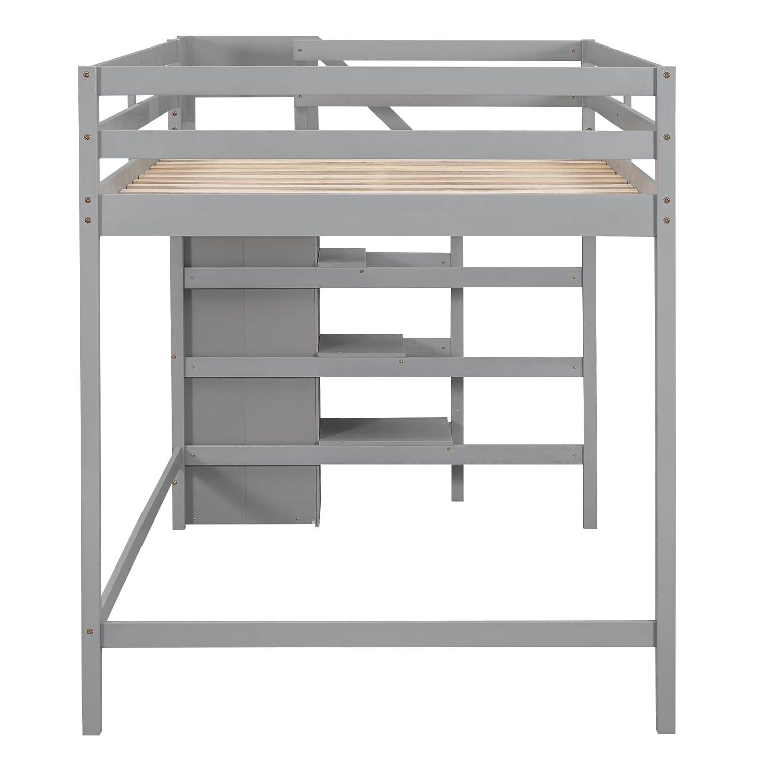 Harper & Bright Designs Full Size Loft Bed with Storage Shelves & Wardrobe, Wood Full Loft Bed Frame with LED Light for Kids Teens,Adults,Space Saving High Loft Bed,White