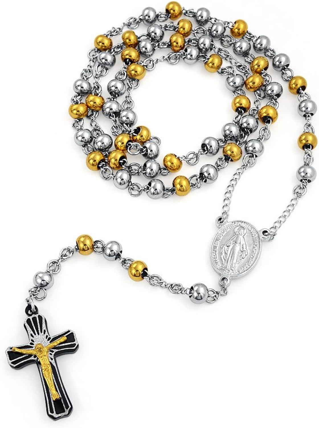 Bling Jewelry Mens Religious Christian Drop Necklace with Virgin Mary and Crucifix Gold & Silver Tone