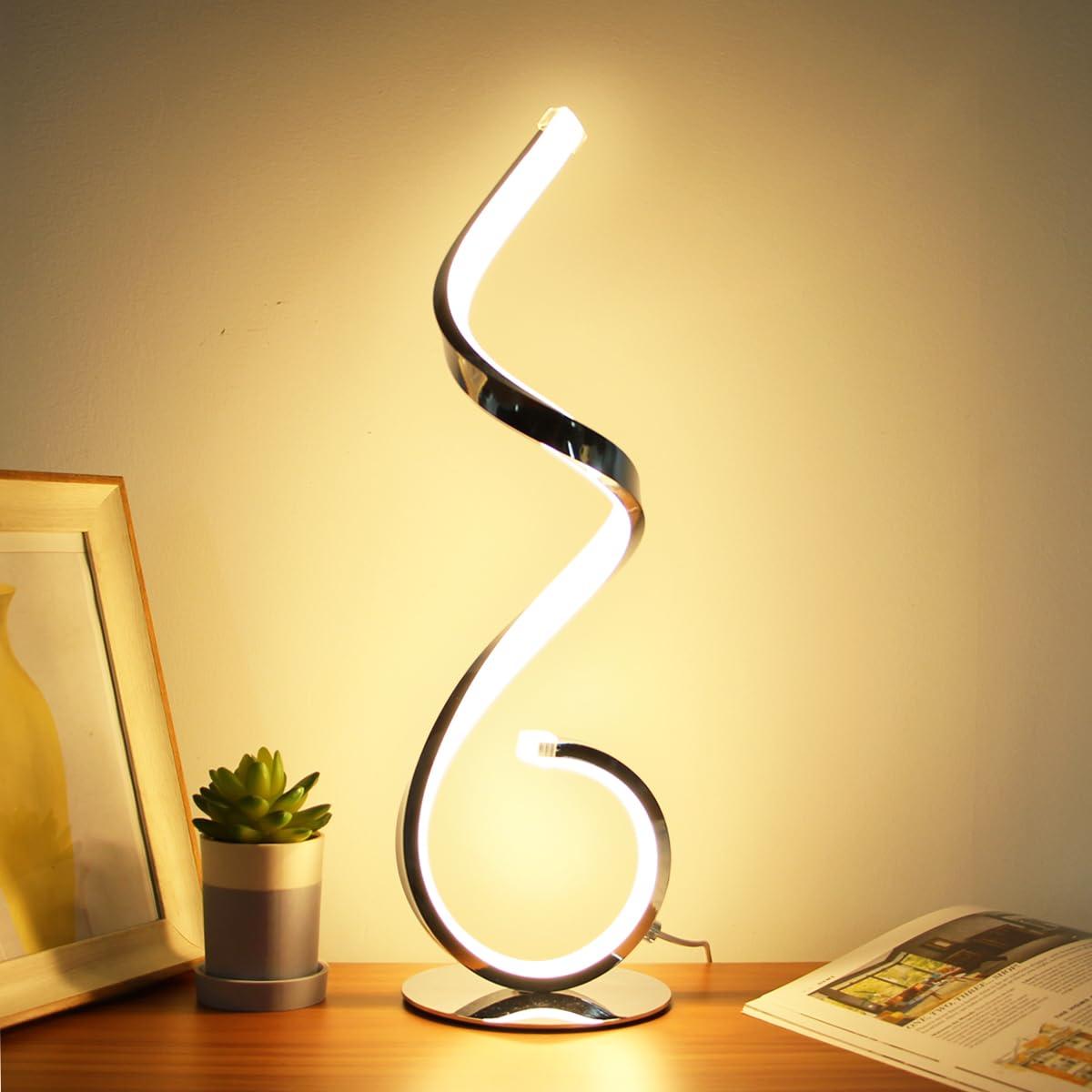 Modern Spiral LED Table Lamp, Stepless Dimmable Bedside Table Lamps for Bedroom, 10W LED Desk Lamp 3 Color Modes Desk Light Reading Office Lamps for Nightstand, Living Room- Silver