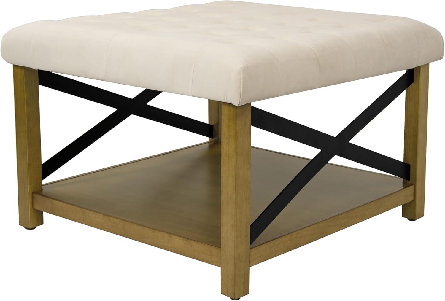 Cream Tufted Cocktail Ottoman with Wooden Storage