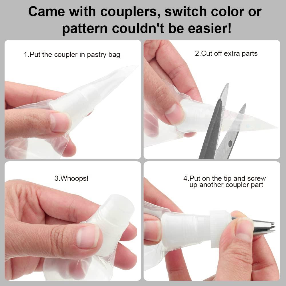 Pastry Piping Bags -100 Pack-12-Inch Disposable Cake Decorating Bags Anti-Burst Cupcake Icing Bags for all Size Tips Couplers and Baking Cookies Candy Supplies Kits - Bonus 2 Couplers