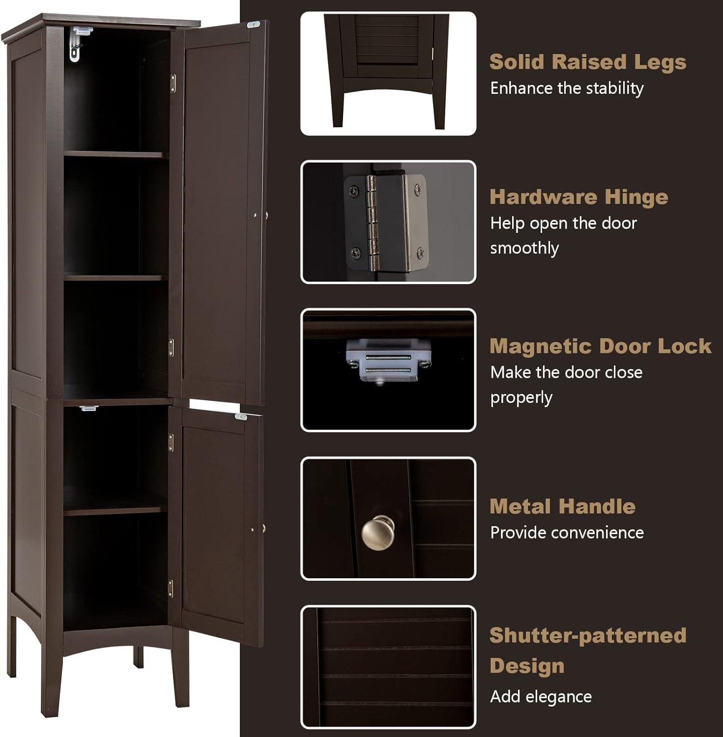 5 Tier Wooden Freestanding Tower Cabinet Tall Bathroom Storage Cabinet Brown