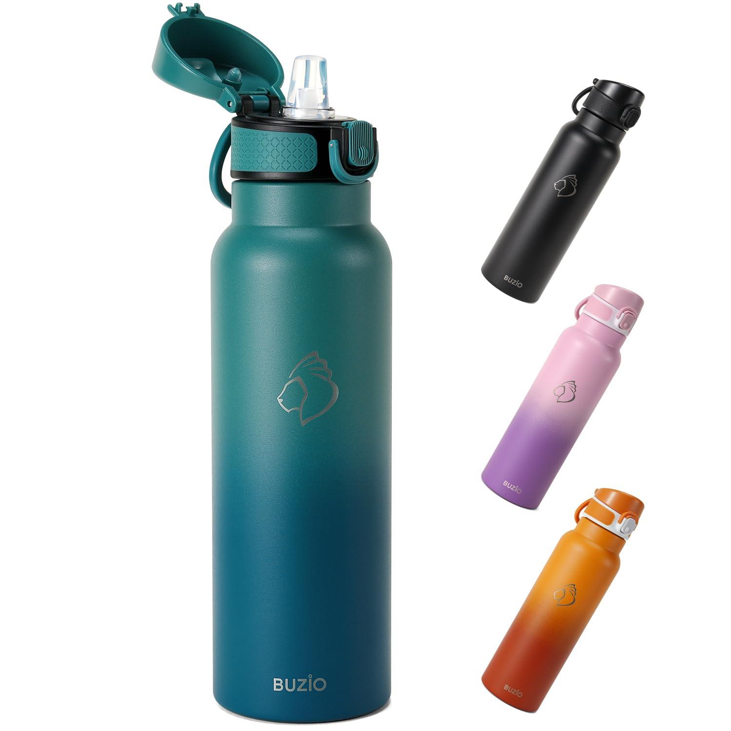 Buzio 32 oz Insulated with Straw & Brush Vaccum Stainless Steel Metal 3 Lids Water Flask for Sports, Gym or Office Keep Cold 48H Hot 24H，Pacific Prince