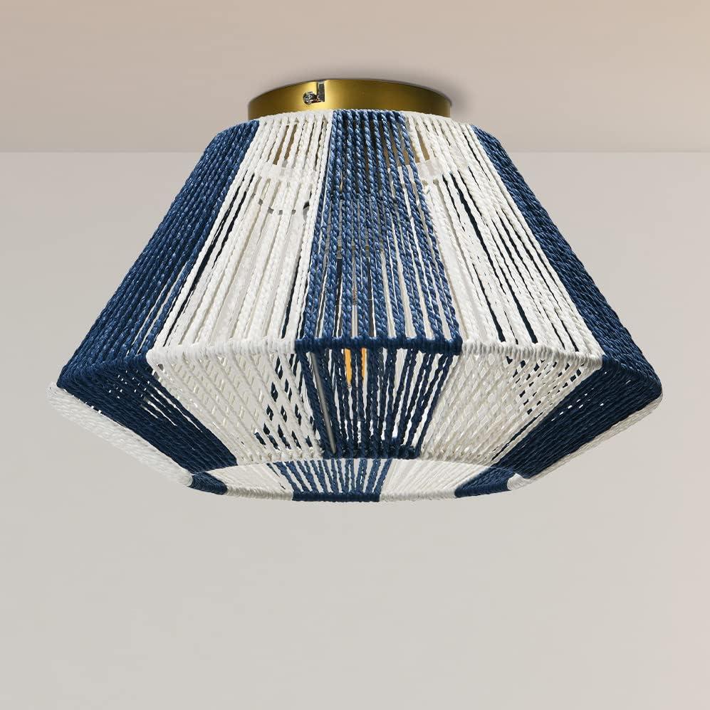 Creative Co-Op Flush Mount Ceiling Light with Woven Paper Rope Shade, Navy and White