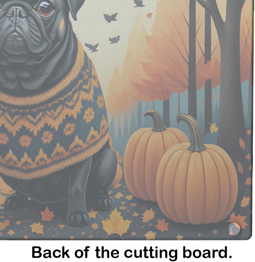 Black Pug Fall Glass Cutting Board Large