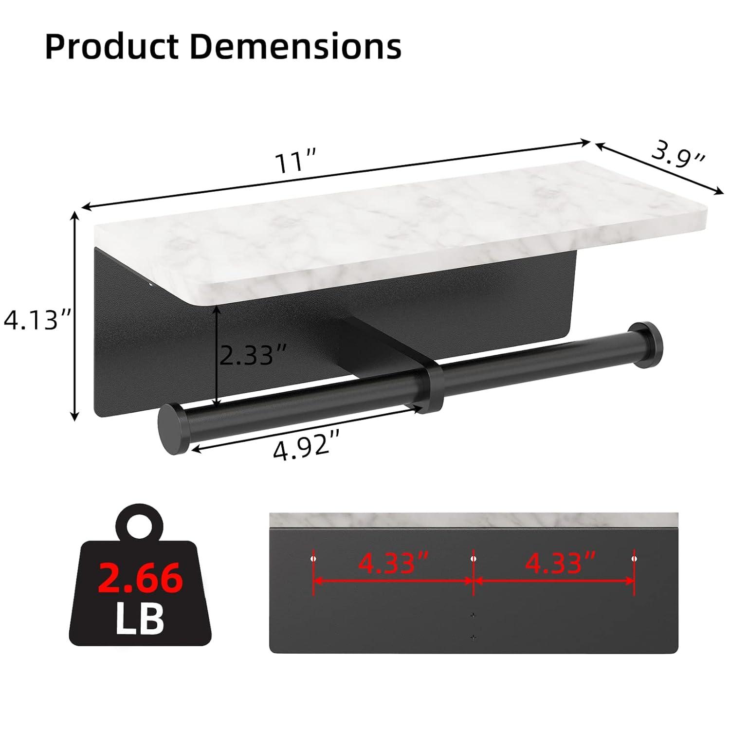 Black Matte Double Toilet Paper Holder with Marble Shelf