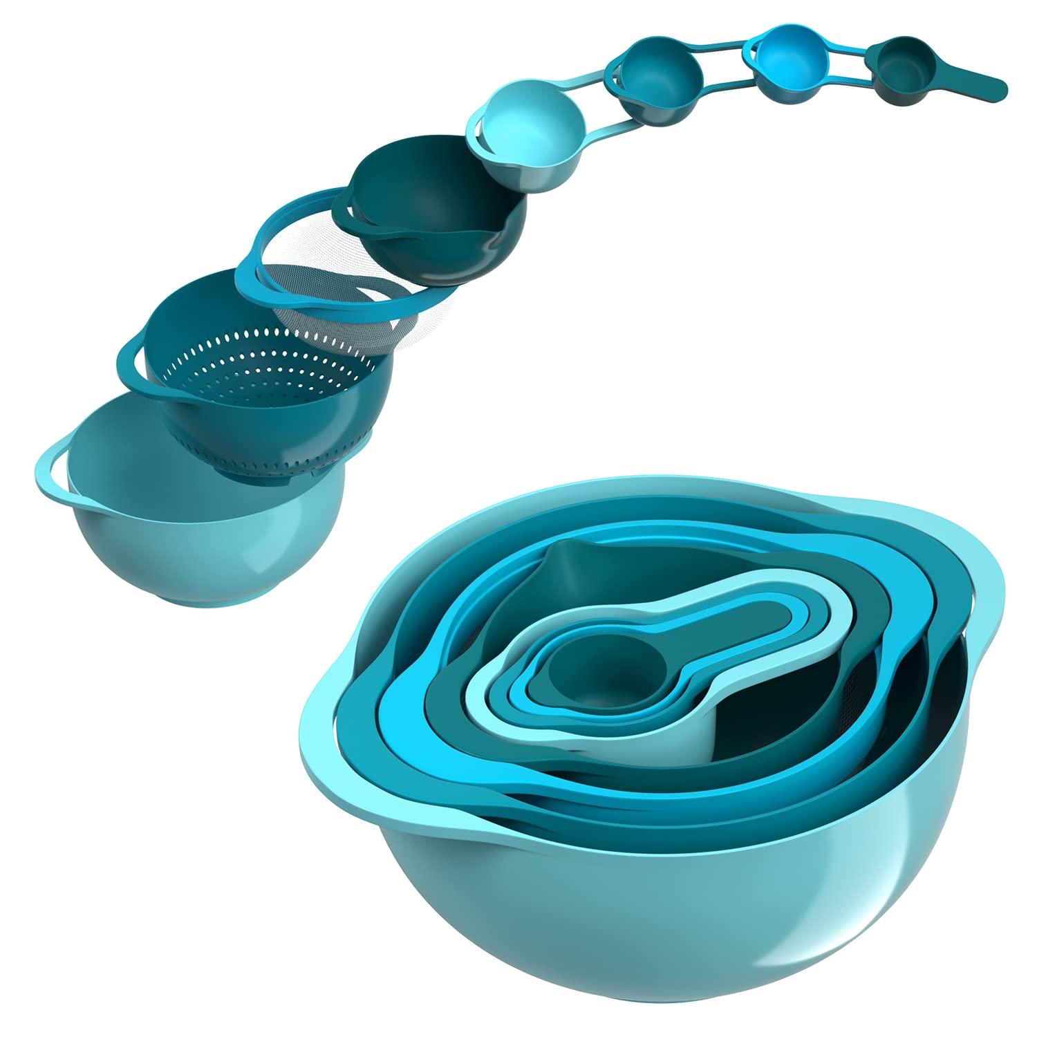 Mixing Bowls-Plastic Nesting Mixing Bowl Set of 8, Kitchen Gadgets for Apartments Space Saving, Including Measuring Cups Sifter Colander, Easy Storage Cooking Baking, Rv Camper Accessories, No BPA