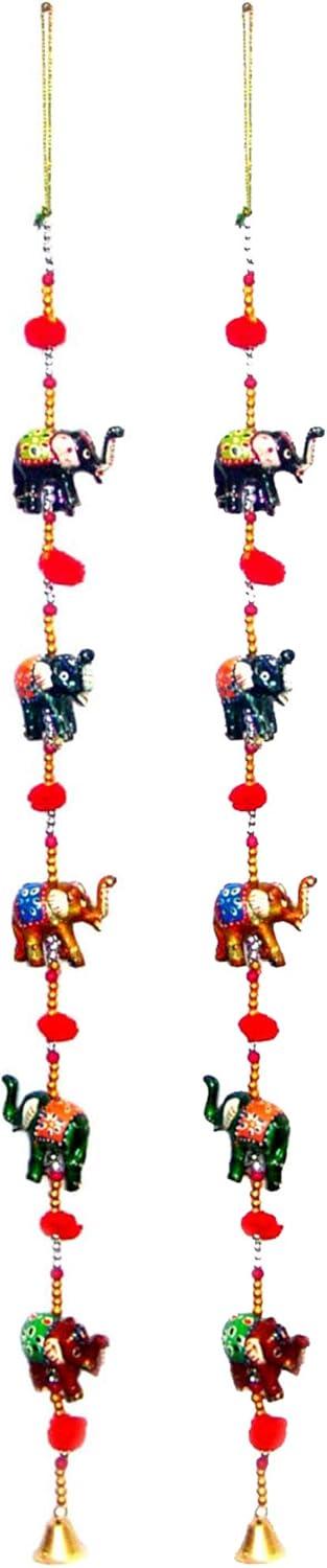 Rastogi Handicrafts Decorative Hanging Five Hand Painted Multi Color Resin Elephant with Beads and Brass Bell Size-76 cm