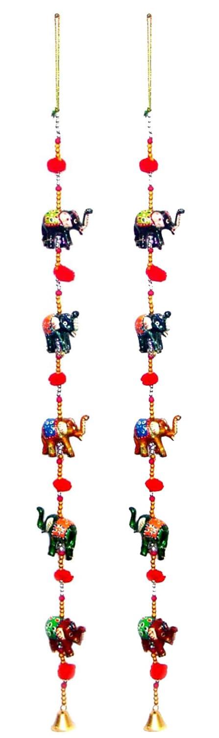 Rastogi Handicrafts Decorative Hanging Five Hand Painted Multi Color Resin Elephant with Beads and Brass Bell Size-76 cm