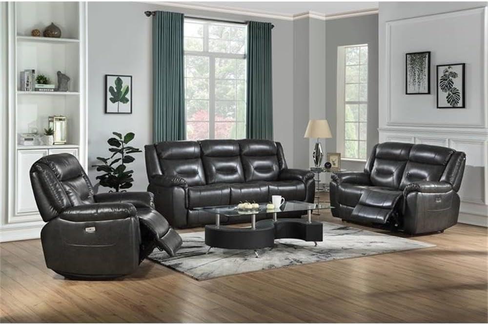 65" Gray Leather Tufted Power Motion Loveseat with Wood Frame