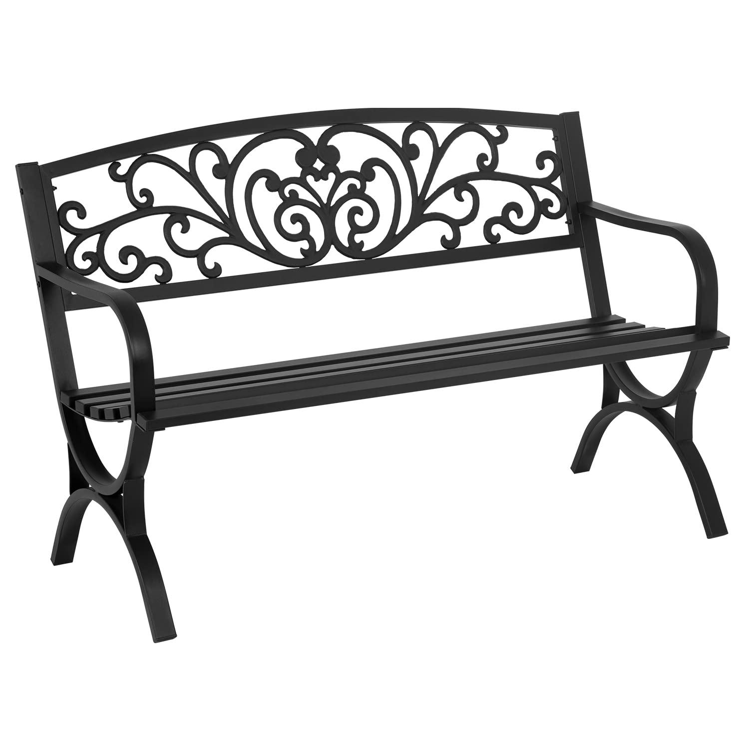 QSHIMY Patio Garden Bench 50 inch Outdoor Metal Loveseat Chairs with Armrests Slatted,Easy to Assemble,Sturdiness,Perfect for Outdoors,Black