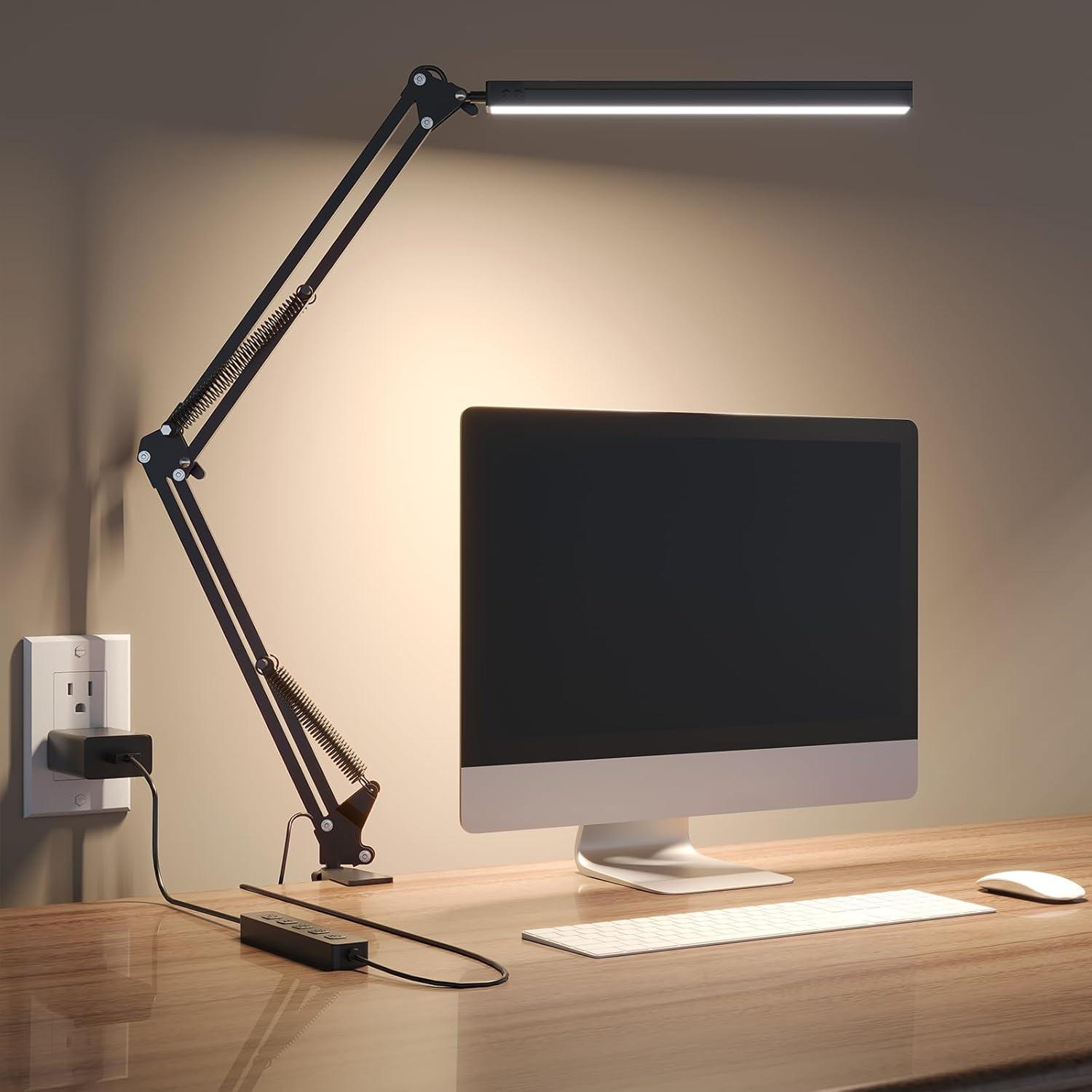 LED Desk Lamp, Swing arm Desk Light with clamp, 3 Lighting 10 Brightness Eye-Caring Modes, Reading Desk Lamps for Home Office 360 Degree Spin with USB Adapter & Memory Function black-14W