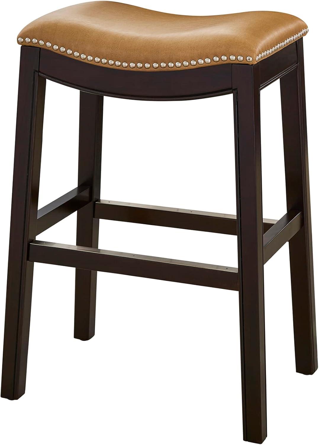 New Ridge Home Goods  25 in. Julian Counter-Height Wood Barstool with Tan Faux-Leather Seat - Espresso