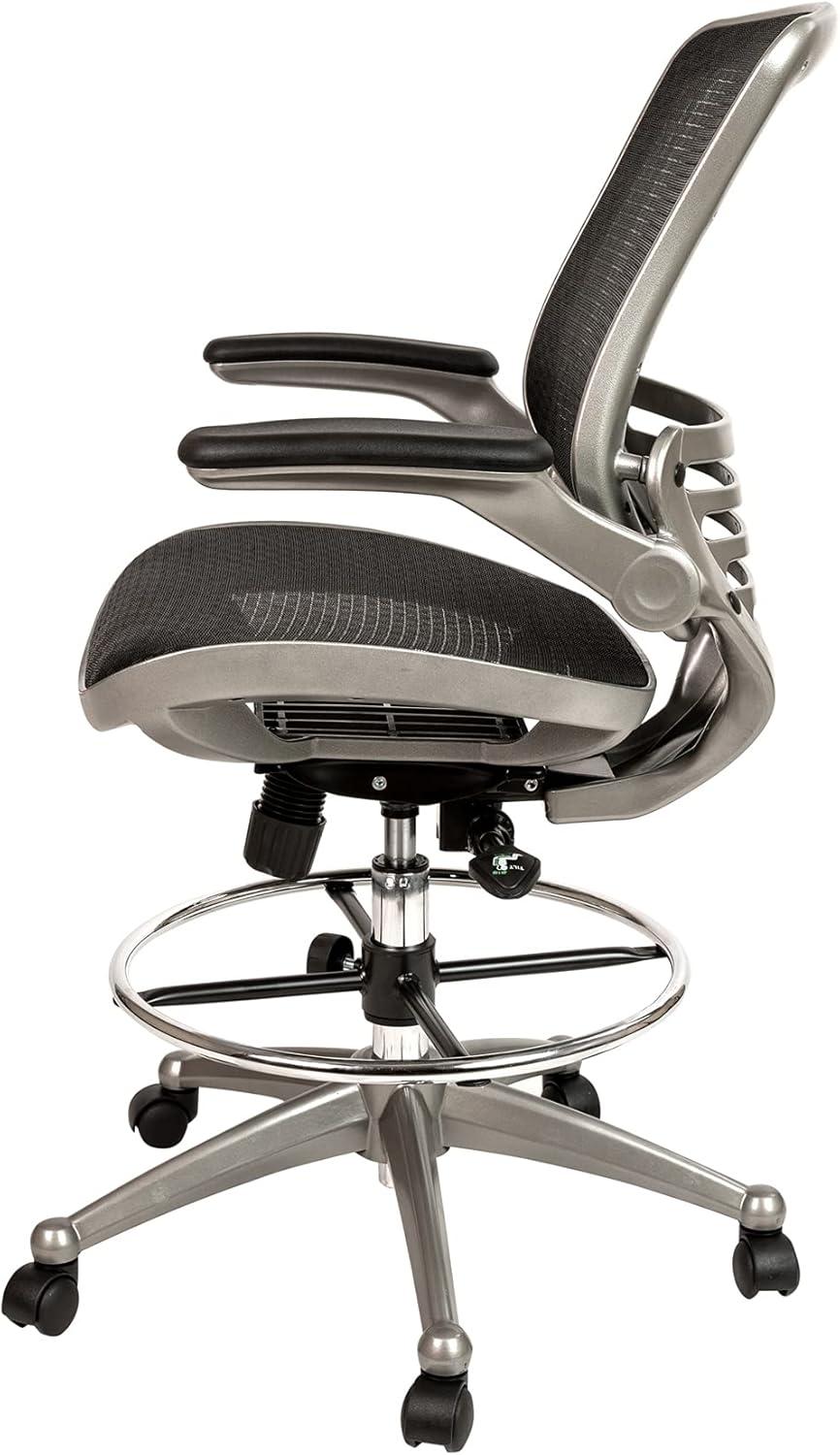 Flash Furniture Mid-Back Transparent Black Mesh Drafting Chair with Graphite Silver Frame and Flip-Up Arms