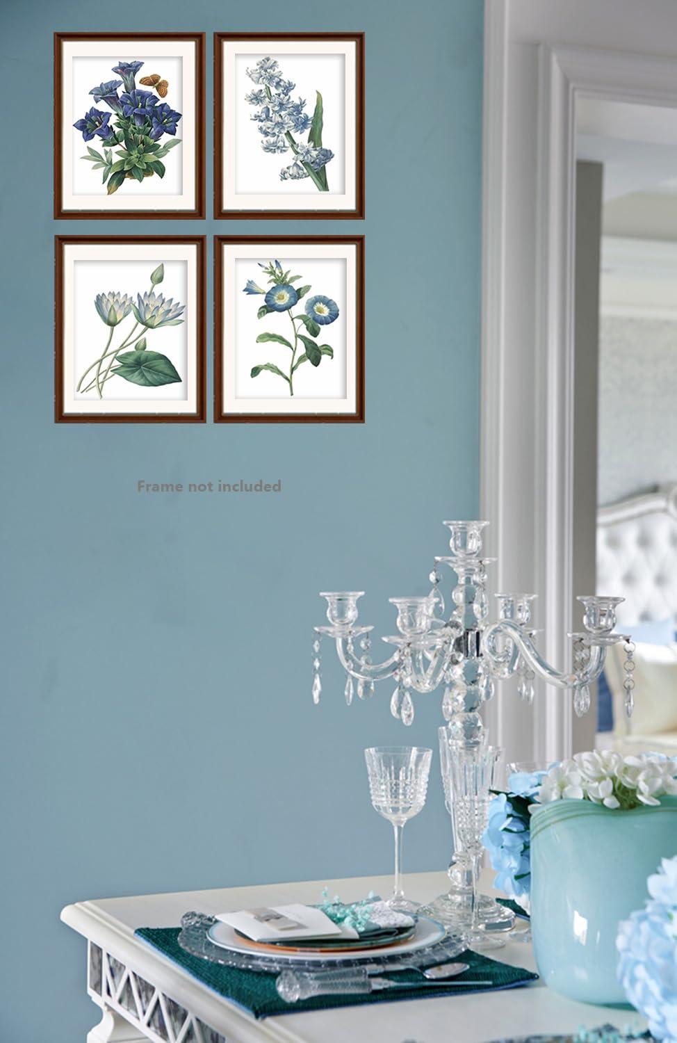 Blue Flower Canvas Wall Art Print, Vintage Floral Botanical Decor Antique Botany Poster, Blue Tone Morning Glory Water Lily Hyacinth Gentian Decorate for Office, Set of 4 ,8 X 10 In Unframed