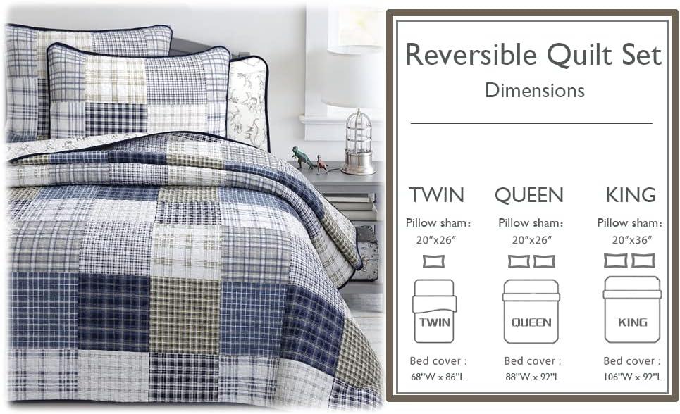 Cozy Line Benjamin Cute Dinosaur Navy Blue White Grey Plaid cotton Quilt, Twin - Reversible