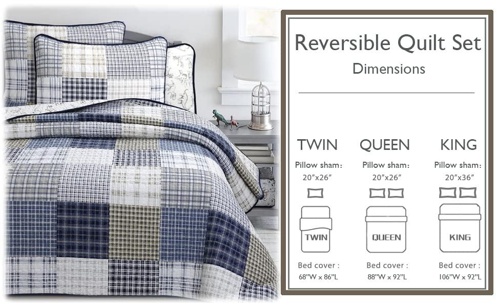 Cozy Line Benjamin Cute Dinosaur Navy Blue White Grey Plaid cotton Quilt, Twin - Reversible