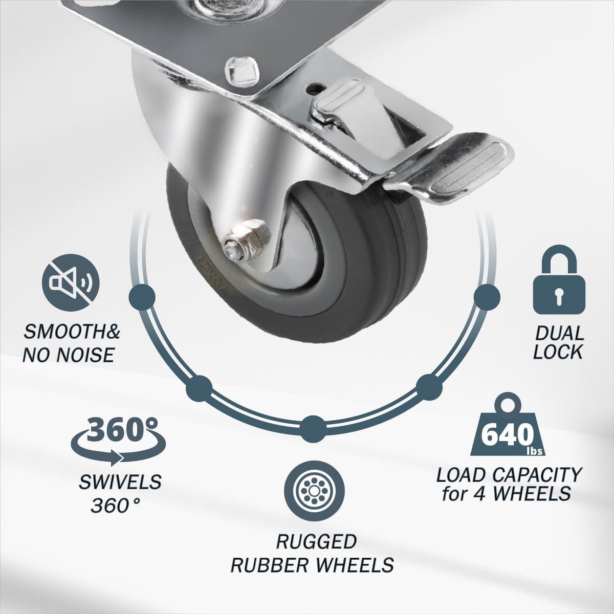 POWERTEC 4PK 3 Inch Heavy Duty Dual Locking Swivel Plate Caster Wheels with 640 lbs Total Loads, Industrial Castor Wheels for Workbench, Dolly, Cart & Furniture (17023-P4)