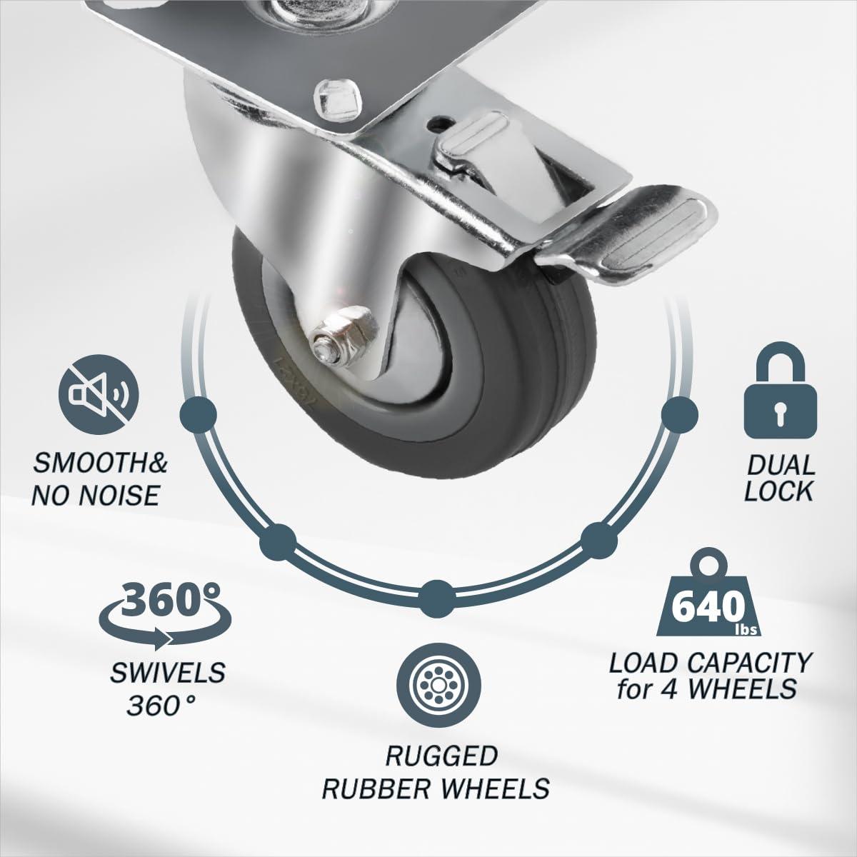 POWERTEC 4PK 3 Inch Heavy Duty Dual Locking Swivel Plate Caster Wheels with 640 lbs Total Loads, Industrial Castor Wheels for Workbench, Dolly, Cart & Furniture (17023-P4)