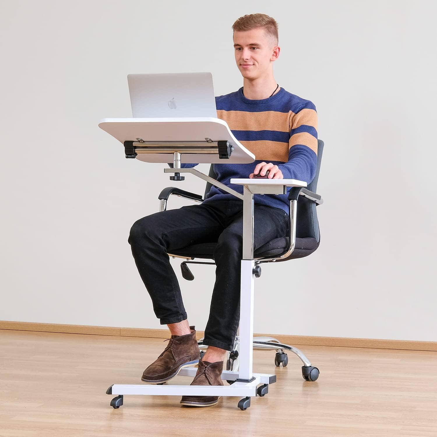 White Adjustable Height Rolling Laptop Desk with Mouse Pad