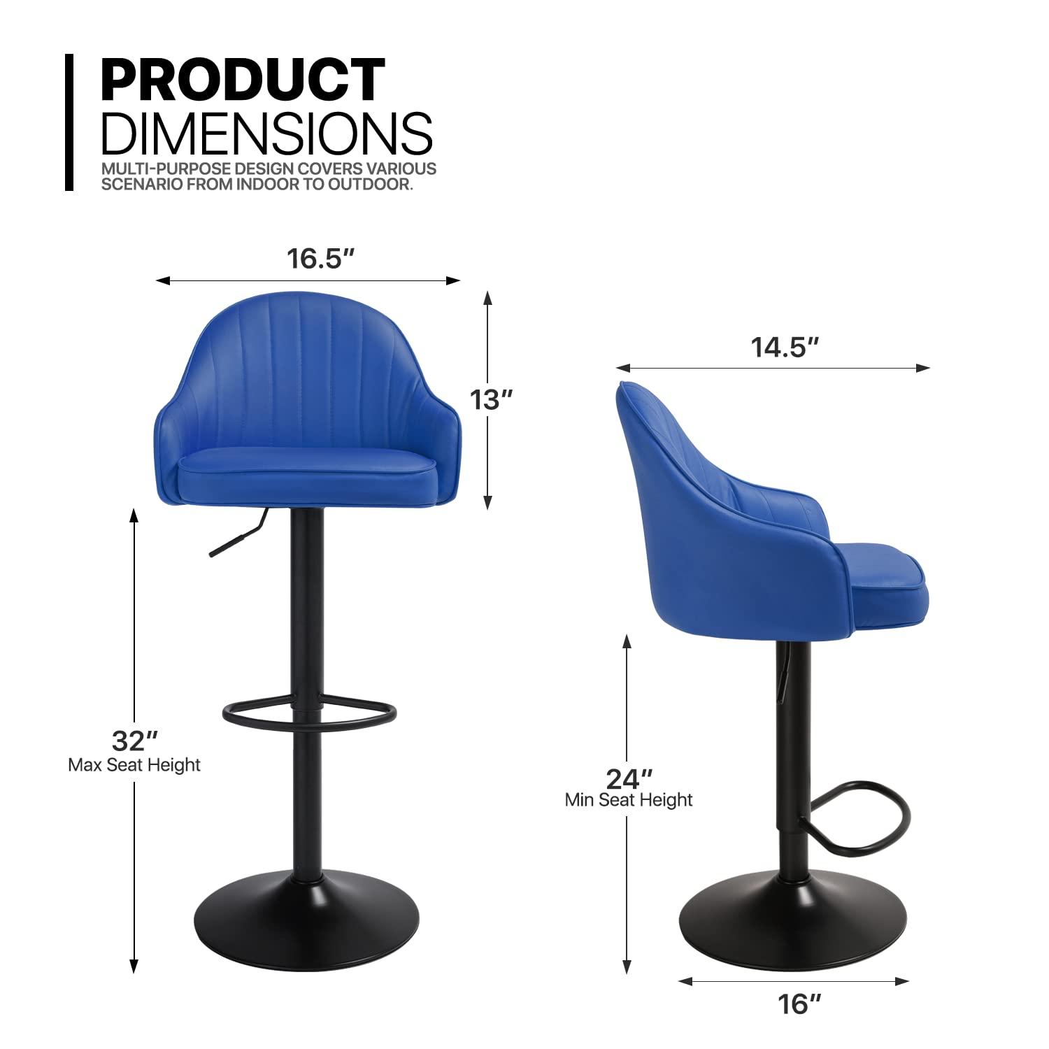 MoNiBloom Adjustable Modern Bar Stool Set of 2, Counter Height Chair Faux Leather with Backrest, for Kitchen Dining, Blue