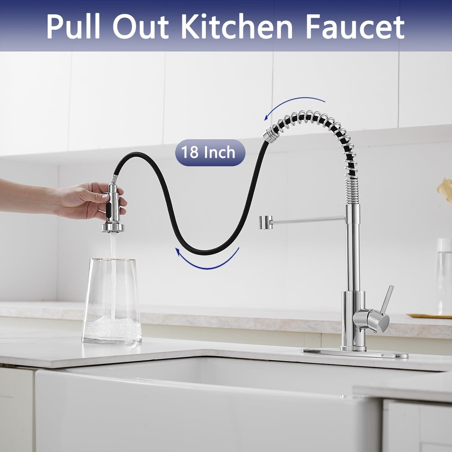 VOTON Chrome Kitchen Faucets with Pull Out Sprayer Commercial Spring Sink Faucet Stainless Steel Pull Down Single Handle Farmhouse faucets with Deck Plate for Camper Laundry Utility Rv Wet Bar