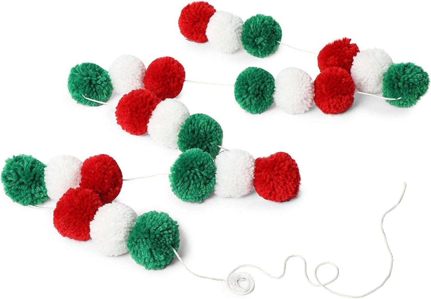 Wool Pom Pom Garland Decor for Christmas Party (Red, White, Green, 10 Feet)