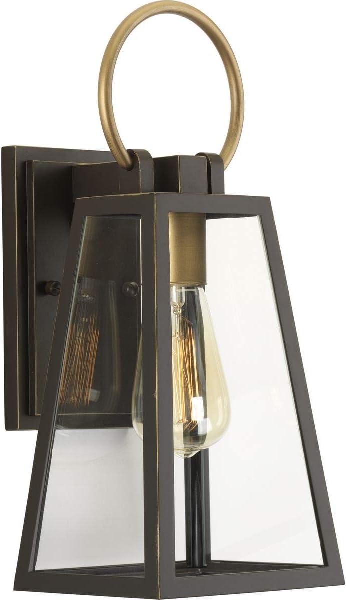 Progress Lighting Barnett 1-Light Small Wall Lantern, Antique Bronze, Glass Shade, Wet Rated