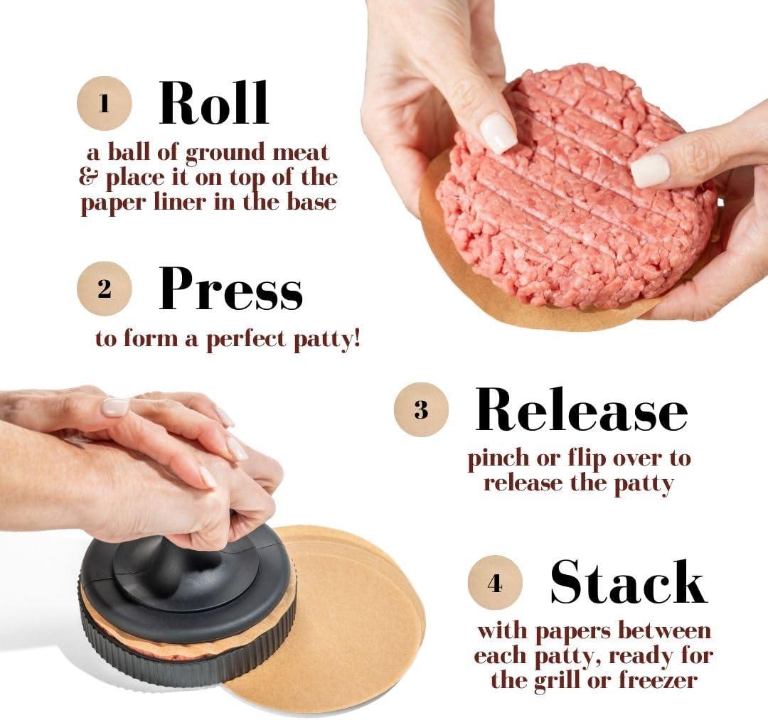 BRAVADIN Silicone Non-Stick Hamburger Press Patty Maker 1/3 lb with 100 Papers for 4.5-6" Patties with Ring Mold- Dishwasher Safe Burger Smash Press for Griddle-Burger Shaper Form Tool