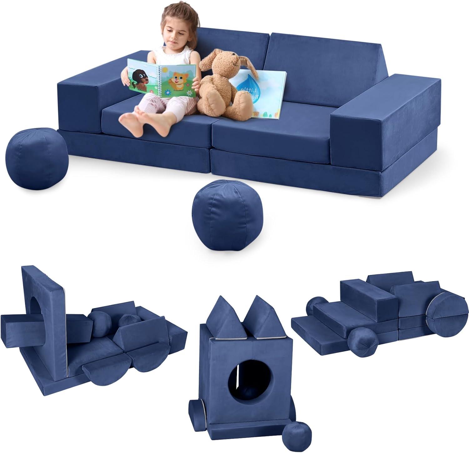 Navy Blue Modular Kids Play Couch with Washable Covers