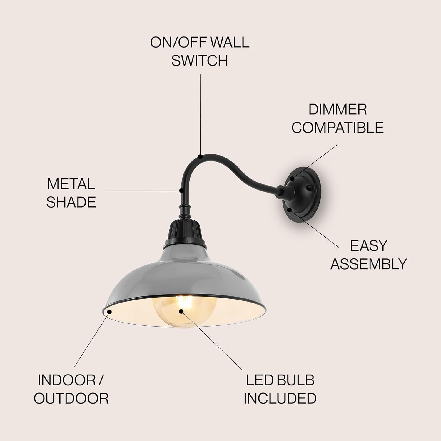 Aurora 12.25" 1-Light Farmhouse Industrial Indoor/Outdoor Iron LED Gooseneck Arm Outdoor Sconce, Gray