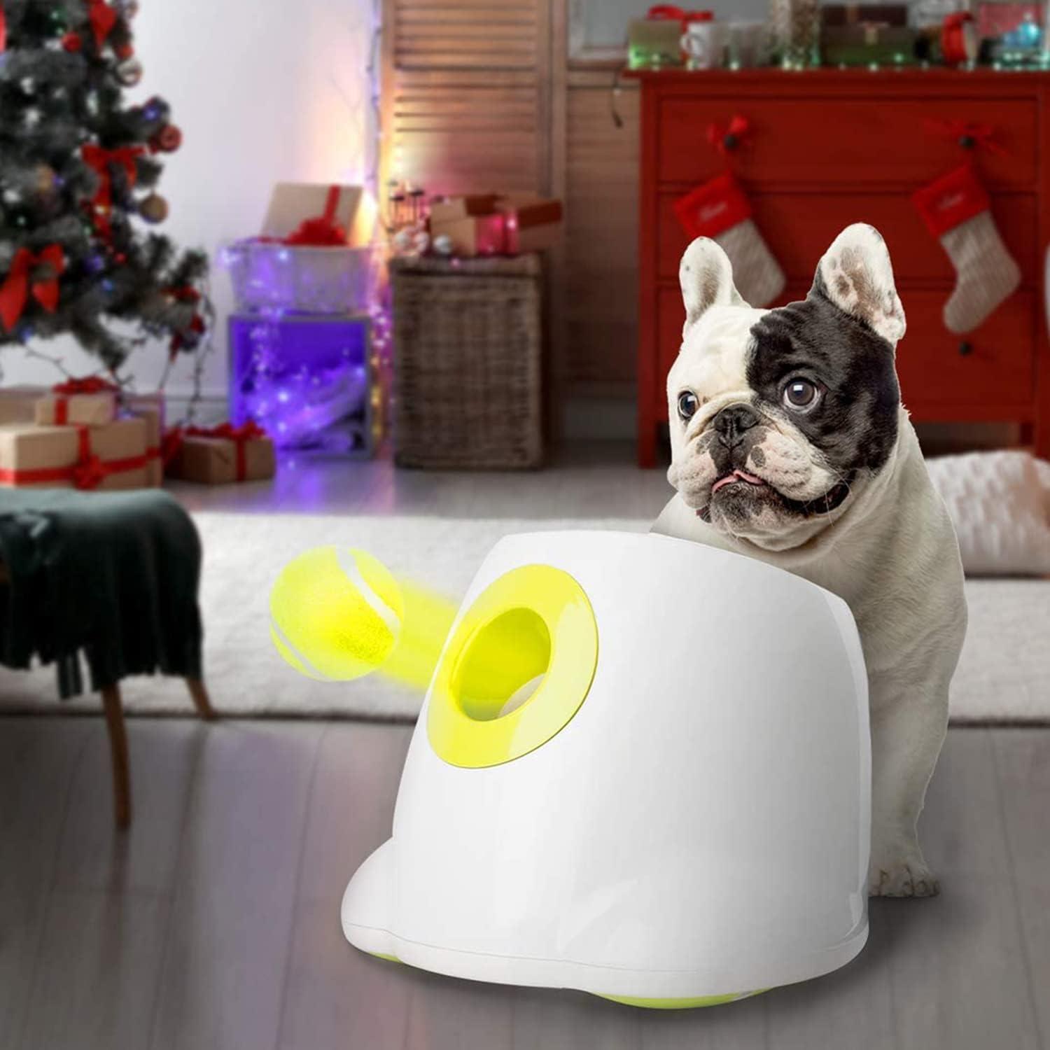 White and Yellow Automatic Dog Ball Launcher with Adjustable Distance