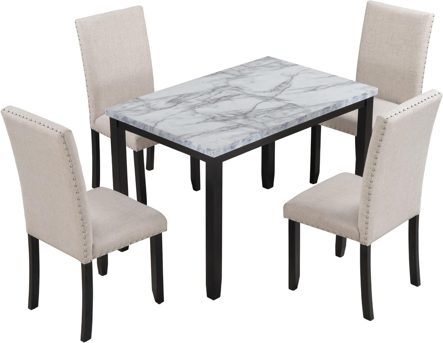 Rectangular Faux Marble Dining Set with Beige Cushioned Chairs