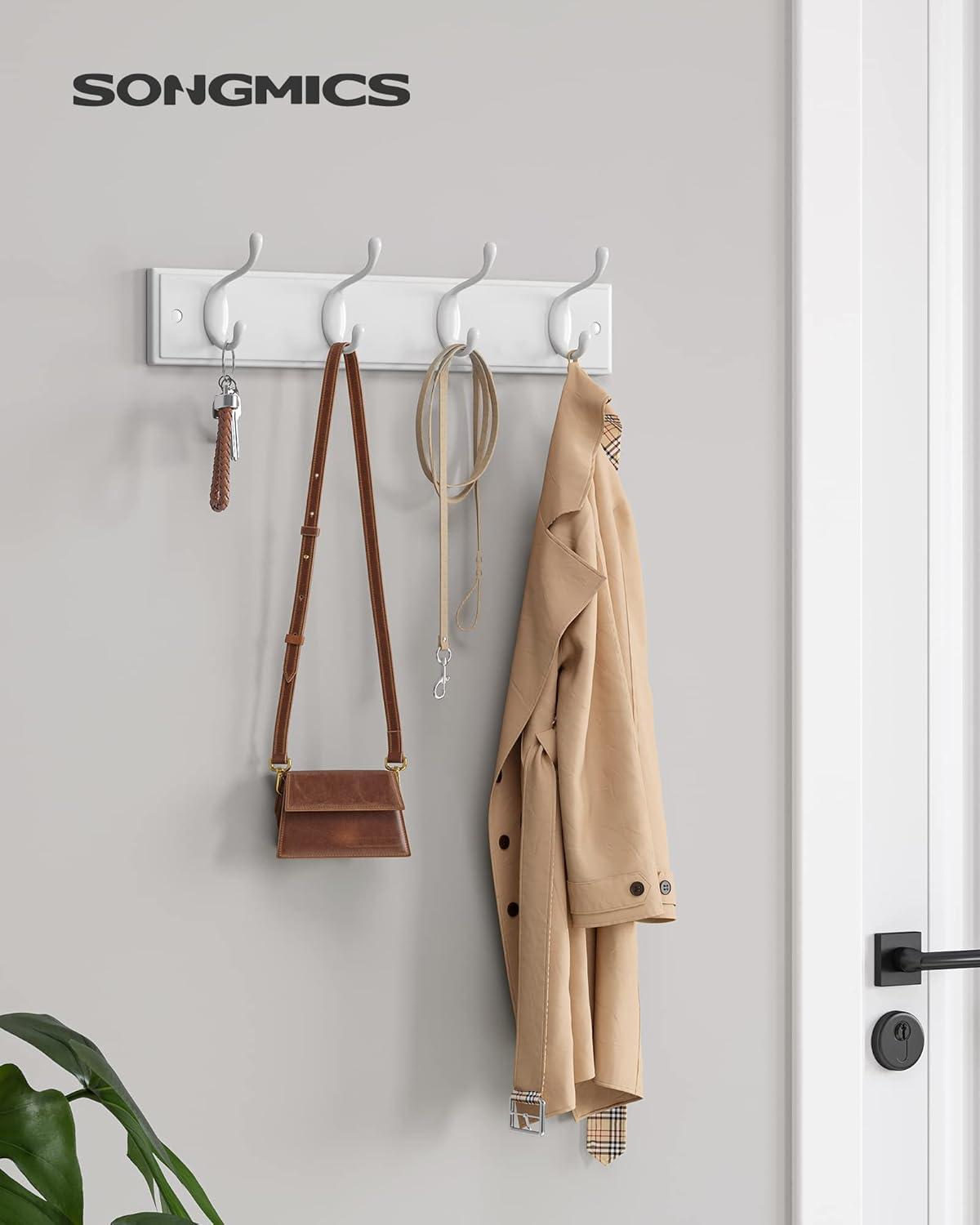 SONGMICS Wooden Wall-Mount Coat Rack with 4 Metal Hooks, White